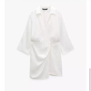 Zara Satin Effect Shirt Dress in Oyster White